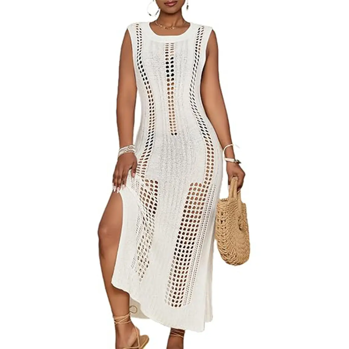 Bsubseach Crochet Beach Cover Ups for Women Sleeveles Swimsuit Coverups Hollow Out Summer Knit Bikini Beachwear