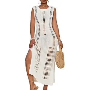 Bsubseach Crochet Beach Cover Ups for Women Sleeveles Swimsuit Coverups Hollow Out Summer Knit Bikini Beachwear