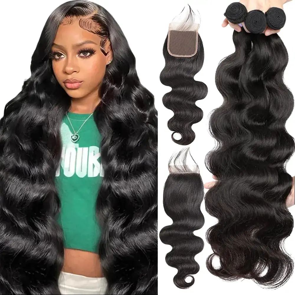Ramiss 12A Virgin Human Body Wavy Weave Bundles with Pre-Cut 2x6, 4x4 Lace Closure, Quick Weave Extensions, Natural Looking Human Hair Pieces, Loose Wave Bundles, Lace Weft Hairpiece, Bundles+Closure, Dye-Friendly, Pre-Cut Lace