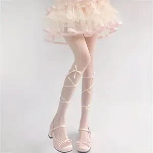 1 Pair Spring/Summer Lace-Up Bow Tie Pantyhose, Comfortable Slimming Over-the-Knee Socks, Breathable Black and White Long Stockings