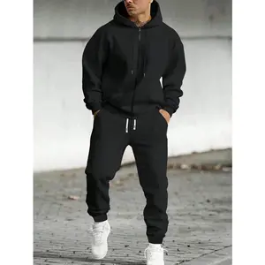 Men's Solid Color Zipper Hoodie + Ribbed Sweatpants Set Spring/Fall Pullover Hooded Shirt Regular Fit Sports Jacket & Pants with Drawstring Casual Jogger Trousers Two-Piece Set Suitable for Street Style Outdoor Leisure Running Workouts