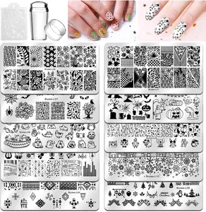 Biutee Nail Stamping Plates 10counts Templates with Stamper Nail Stamper Nail Art Plates Kits Nail Plates Template Plates Leaves Flowers Animal Holiday Design