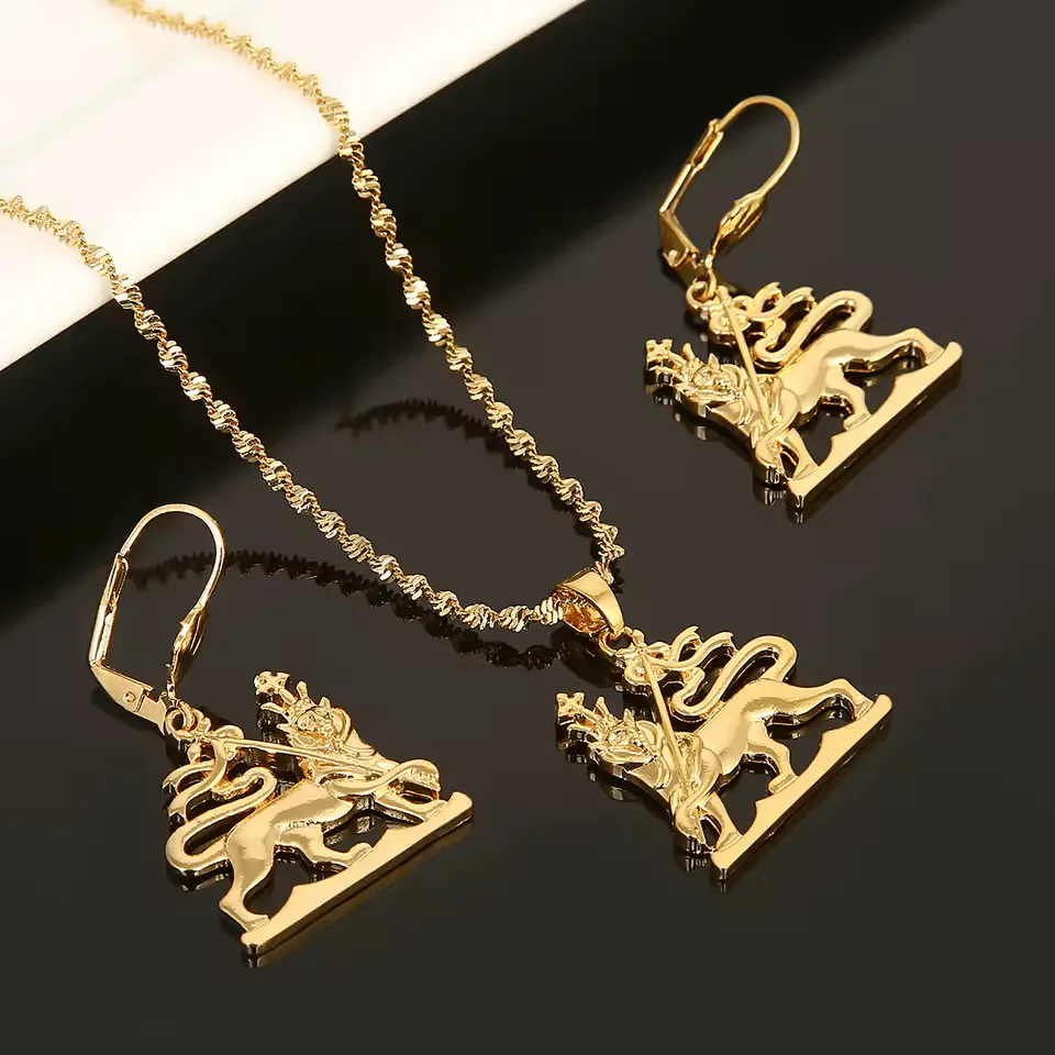 24KGP Ethiopian Conquering Lion of the Tribe of Judah 2-Piece Jewelry Set - Rastafari Necklace, Earrings, Ancient Symbol Costume Fashion Accessory