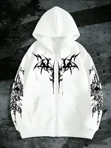 Men's Gothic Dark Style Printed Zip Hoodie, Casual Street Fashion, Long Sleeve, Loose-Fitting, Fall & Winter, Perfect Choice