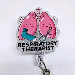 Respiratory Therapist Lung with Inhaler Glitter Acrylic Retractable Badge ID Reel Belt or Alligator Clip