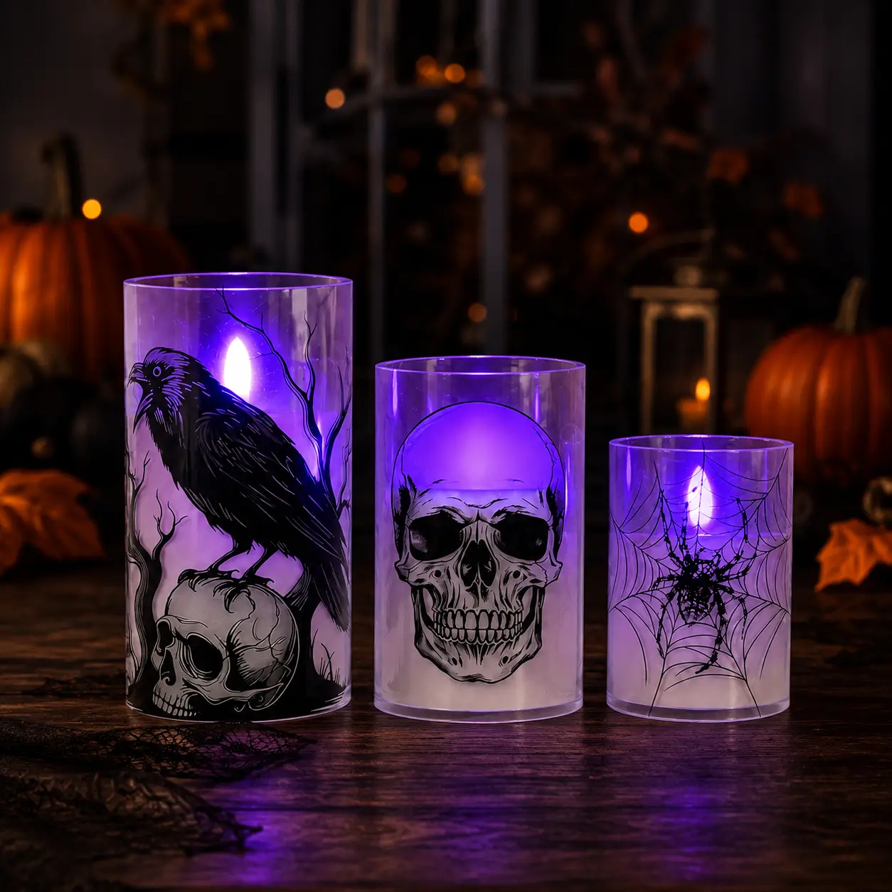 Spooky 3-Pack Halloween LED Flameless Candles Set - Gothic Print Plastic Body with Raven Skull Web Prints, Gothic Festive Home Party Decor Supplies