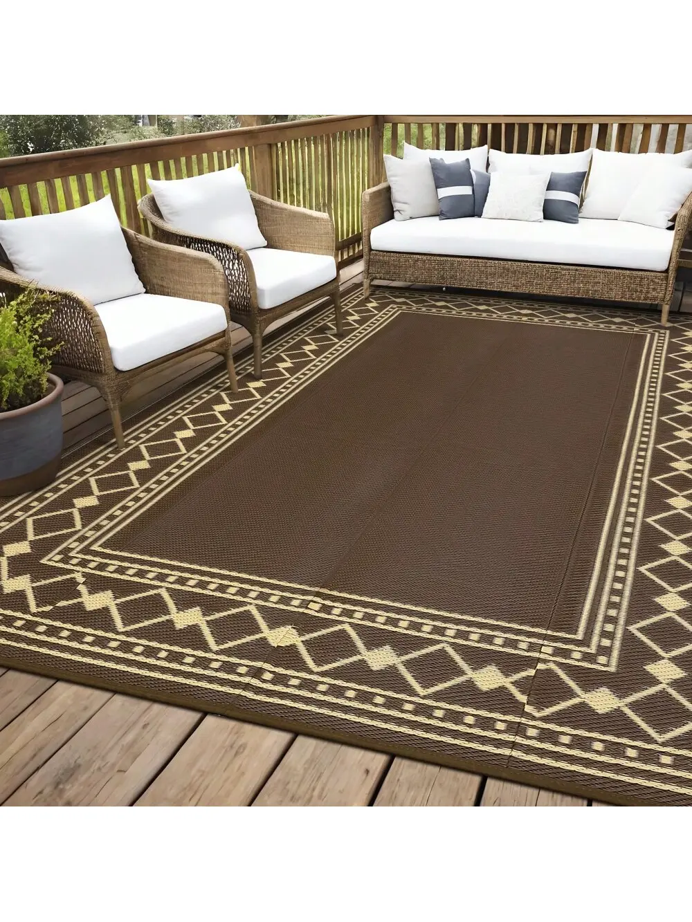 Brown-8*10 feet  Outdoor Area Rug Waterproof Plastic Straw Camping Rugs Modern Stylish Geometric Reversible Light Weight Portable Mat UV Resistant Outdoor Carpet For Patio RV Trip Balcony Beach Picnic
