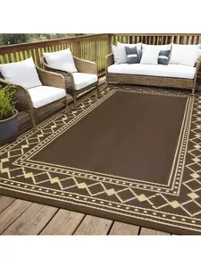 Brown-8*10 feet  Outdoor Area Rug Waterproof Plastic Straw Camping Rugs Modern Stylish Geometric Reversible Light Weight Portable Mat UV Resistant Outdoor Carpet For Patio RV Trip Balcony Beach Picnic