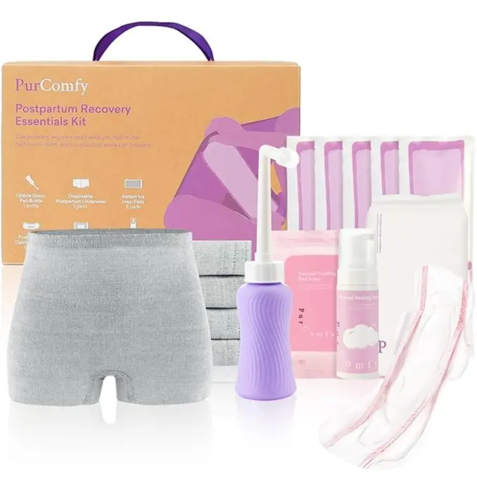 PurComfy Postpartum Recovery Essentials Kit, Includes Disposable Underwear, Instant Cooling Pads, Perineal Healing Foam, CoolingLiners, Peri Bottle and Postpartum Pads - 18 Pcs Comfort, Gifts for NewMom, Value Pack, Mega Pack, Best Baby Shower Gift