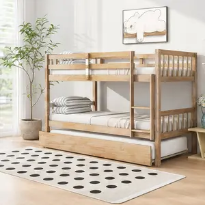 ARCH Twin Over Twin Rubber Wood Bunk Bed with Trundle, Convertible into 2 Twin Size Beds, Ladder and Safety Guardrails, White Oak Finish, Space-Saving Kids Bedroom Furniture, Detachable Beds, Pull-Out Guest Bed, Sturdy Wooden Frame