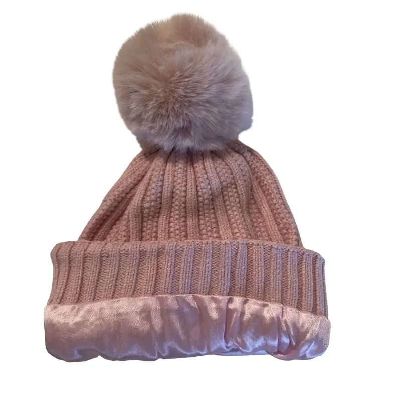 Unisex Acrylic Satin-Lined Puff Ball Beanie for Adults - 1 Size Fits All Adult, Hair Protection Friction Guard, Hair Styling, Heatless Styling Tool, Stretch Fitted for Sports Use