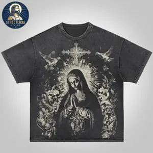 Men's 100% Cotton Baggy Loose Bl Cotton Tshirt, Distressed Virgin Mary Printed Washed Vintage Dyed Batik Top, Round Neck Short-Sleeve Casual Crewneck Streetwear Gift Option (Women's Clothes Compatible),summervibes