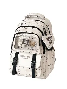 Polka Dot Cartoon Print Backpack, Large Capacity Student Bag, Transparent Pocket Design, Cute Dog Print, Laptop Friendly, Durable & Secure