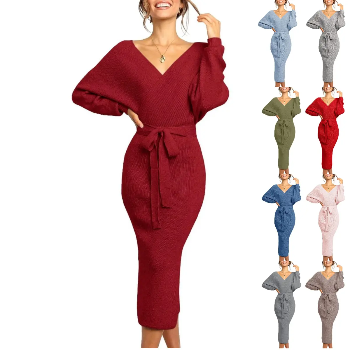 Imily Bela  Women's Long Maxi Sweater Dresses Sexy Wrap Batwing V Neck Slit Open Back Holiday Bodycon Dress with Belt Halloween
