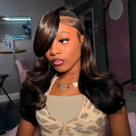 Honey Brown Highlights Body Wave Human Hair Wigs for Women 13x4 Lace Front Wigs 180 Density Honey Orange Brown with Natural Black Highlights