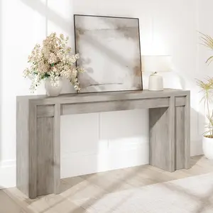 Modern Extra-Long Wooden Console Table with 2 Drawers – L-Shape Legs, 2-Tier Open Storage Shelf, Sturdy Mark-Resistant Design for Entryway, Living Room, or Dining Room – Cherry Finish