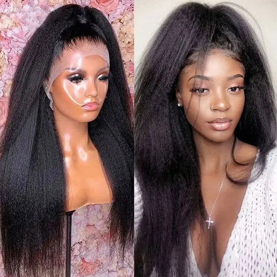 Invisible Strap HD 360 Lace Front Wigs Human Hair Kinky Straight 200 Density Precut 360 Full Lace Wig Drawstring Glueless Wig