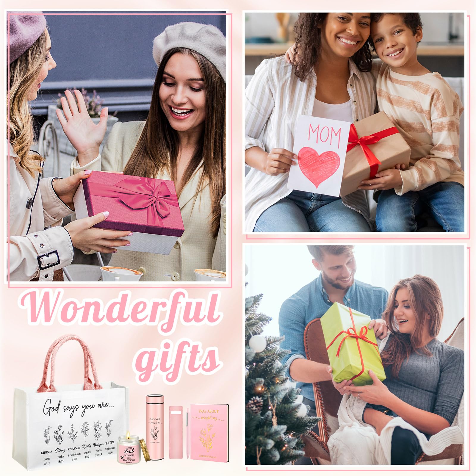 Easter Christian Gifts for Women 6pcs Religious Gift with Canvas Tote Bag Makeup Bag Candle Cross Necklace Thermos Cup Greeting Card Faith Inspirational Catholic Gift for Women Friends Mother Sister Wife, Sunday Prayer Gift for Easter Communion Holiday