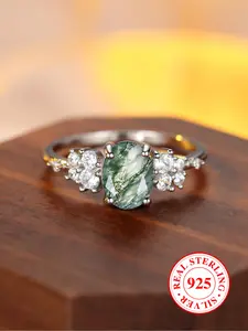 925 Sterling Silver Elegant Artificial Agate Decor Ring, Fashion Jewelry Accessories for Women & Girls, Trendy All-match & Exquisite Jewelry for Gift, Rhinestone Decor Ring