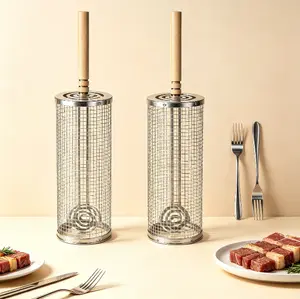 Rolling Grill Basket, 304 Stainless Steel Portable BBQ Rolling Grilling Tube with Detachable Wooden Handle, Even Cooking Mesh Grill Cage for Vegetables, Shrimp, Meat, Fish, Outdoor Camping Barbecue Accessories