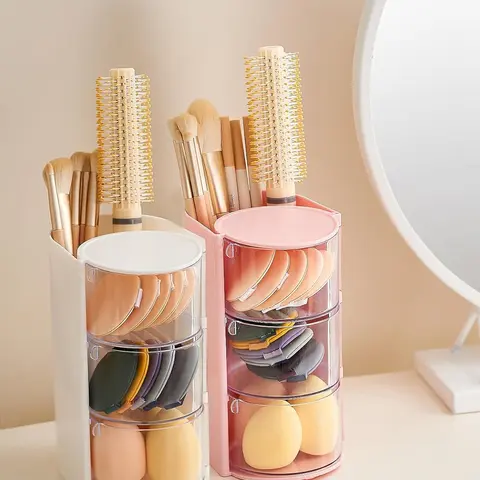 UFORU Summer Vibe Limited Edition Plastic Transparent Single Makeup Organizer - 180° Rotating Main Body, 2 Brush Slots, Separate Divided Compartment Drawers, Small Accessory Container, 5.28”L x 3.94”W x 7.13”H, Ideal for Vanity Use & Gift Box
