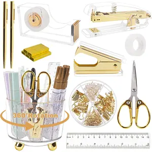 Office Desk Accessories Supplies - 11 Pcs Gold Desk Decor Set with 360-Degree Rotating Pen Holder, Women Cute Aesthetic Office Essentials Kit, Stapler Tape Dispenser, Acrylic Gift for School Home Work