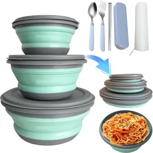 3 PCS Camping Bowl,Food Grade Silicone Collapsible Bowl Lunch Box Salad Bowl with Lid, Expandable Food Storage Containers Set with Free folding tableware and storage bag