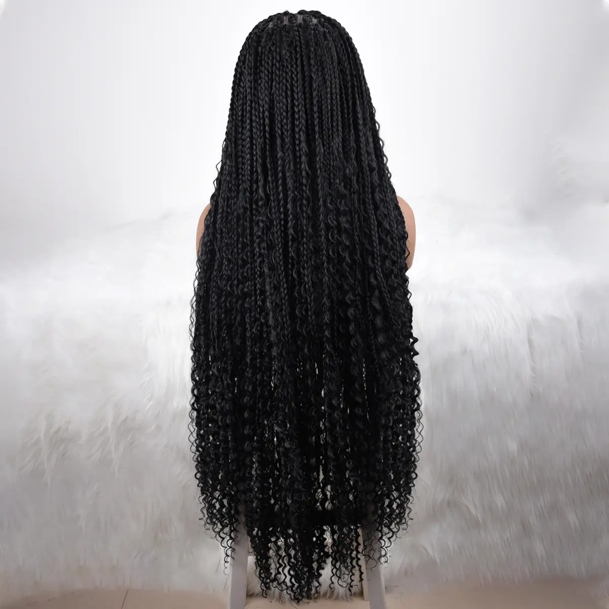 36 Inch Full Lace Box Braided Wig Knotless Boho Curly Glueless Synthetic Santok 36 Inch Black Knotless Boho Box Braid Wigs, 360  main image 3