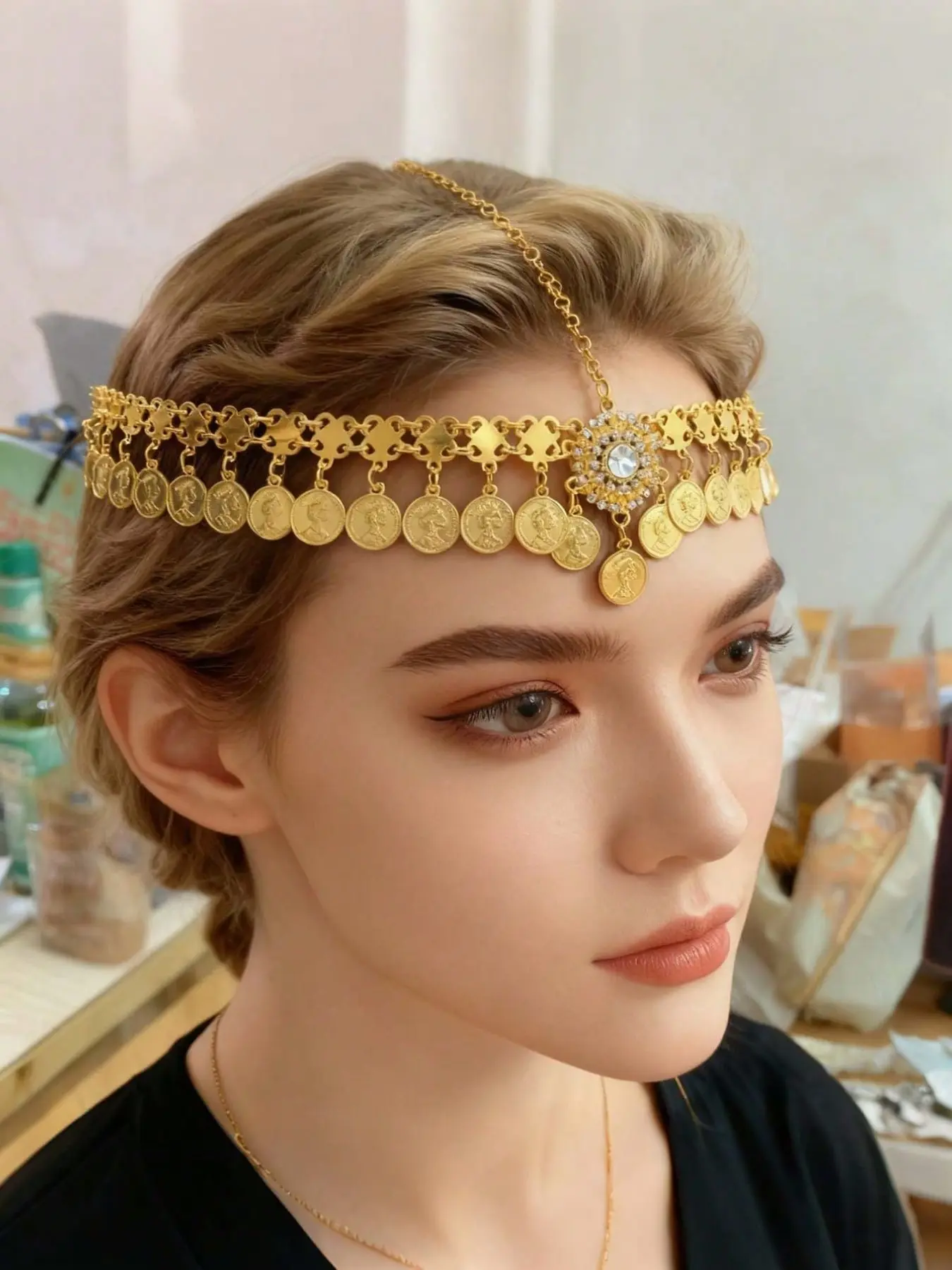 Women's Luxury Vintage Gold Coin Headpiece, Tiara, Elegant Crown Design, Triangle Tassel Design, Wedding Hair Accessories, Eid Party Accessory, Bridal Accessory, Lightweight Durable Metal, All-Season Wear