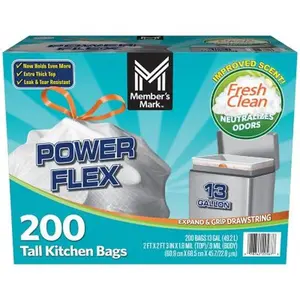 Member's Mark Power Flex Tall Kitchen Drawstring Trash Bags, Fresh Scent (13 gal., 200 ct.) Unscented Unscented