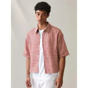 Men’s regular-fit plaid checked print short-sleeve shirt, casual comfortable summer top, fashionable men’s clothing for daily wear GARMENTARY