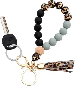 BAOSIWA Silicone Key Ring Bracelet Wristlet Keychain Unique Beaded Bangle Key Chains for Women with Leather Tassel