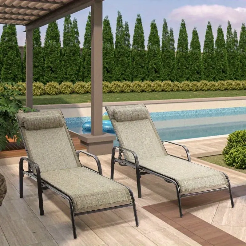Chaise Lounge Chair Set of 2 with Adjustable Backrest, All-Weather Textiline Recliner Chairs & Ergonomic Armrest, for Outside Patio Beach, Yard and Pool