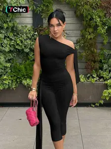 Women's Solid Asymmetrical Neck Knot Design Top & High Waist Capri Pants Two-piece Outfit, Elegant Fashion Ruched Top & Skinny Capri Trousers for Daily Outdoor Wear, Ladies Summer Clothes