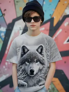 Boys' Ice Wolf Print Short Sleeve T-Shirt, Wild Atmosphere Casual Top, Fashion Trendy Design for Daily Wear, Graphic Tees