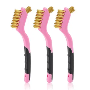 Brass Brush, Brass Wire Brush Set 3-Pack, Brass Brushes for Cleaning Metal, Small Cleaning Brushes for Tight Spaces, Metal Brush, 7" Detail Deep Clean Scrub Brush, Pink
