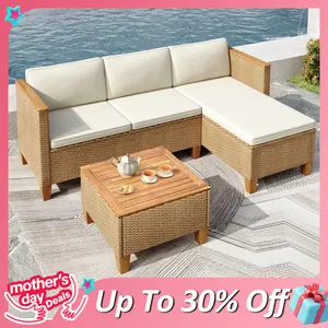 PHI VILLA Wicker Outdoor Patio Furniture Set Patio Chaise Longue Conversation Set, Rattan Sofa Couch with Acacia Wood Coffee Table for Deck Porch and Garden,SpringGlowUp