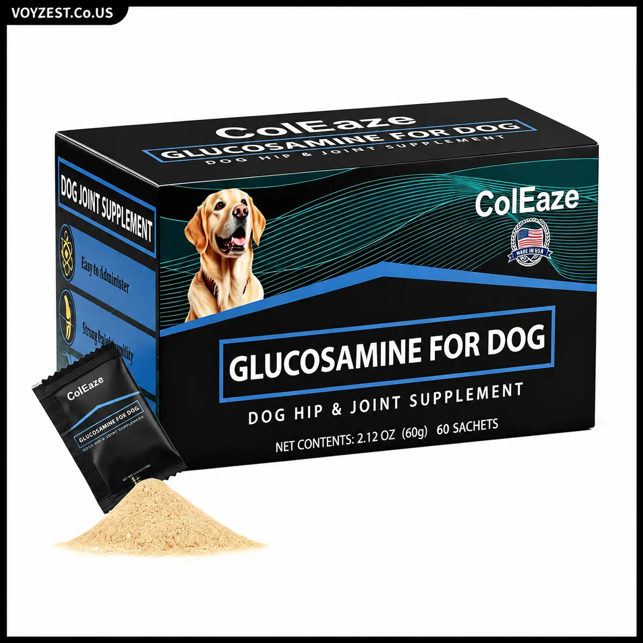 ColEaze Glucosamine Powder Sachets for Dogs - Hip & Joint Herbal Supplement with Chondroitin, Turmeric, Probiotic Blend - Easy Sprinkle-on Food Sticks for All Breeds (Not Pain Medication)