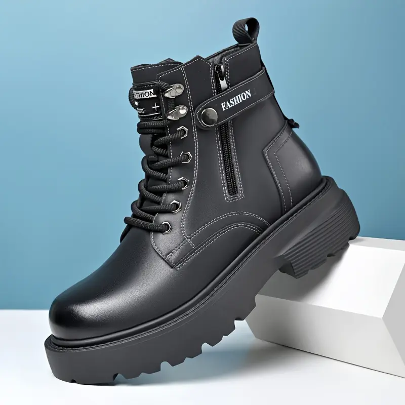 Men's Mid-Calf Height Mid Top Tactical Boots - Lace-Up with Side Zipper Closure, Solid Color Street Style, Round Toe, Microfiber Synthetic Upper, PU Inner & Insole, Rubber Sole for Outdoors, Hiking - Spring/Fall Collection, Laces, Casual