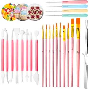 24 count Cookie Decorating Fondant Cake Decorating Tool Set Include Brushes Sugar Stir  Fondant Modeling Tool Elbow and Straight Tweezer(Pink)