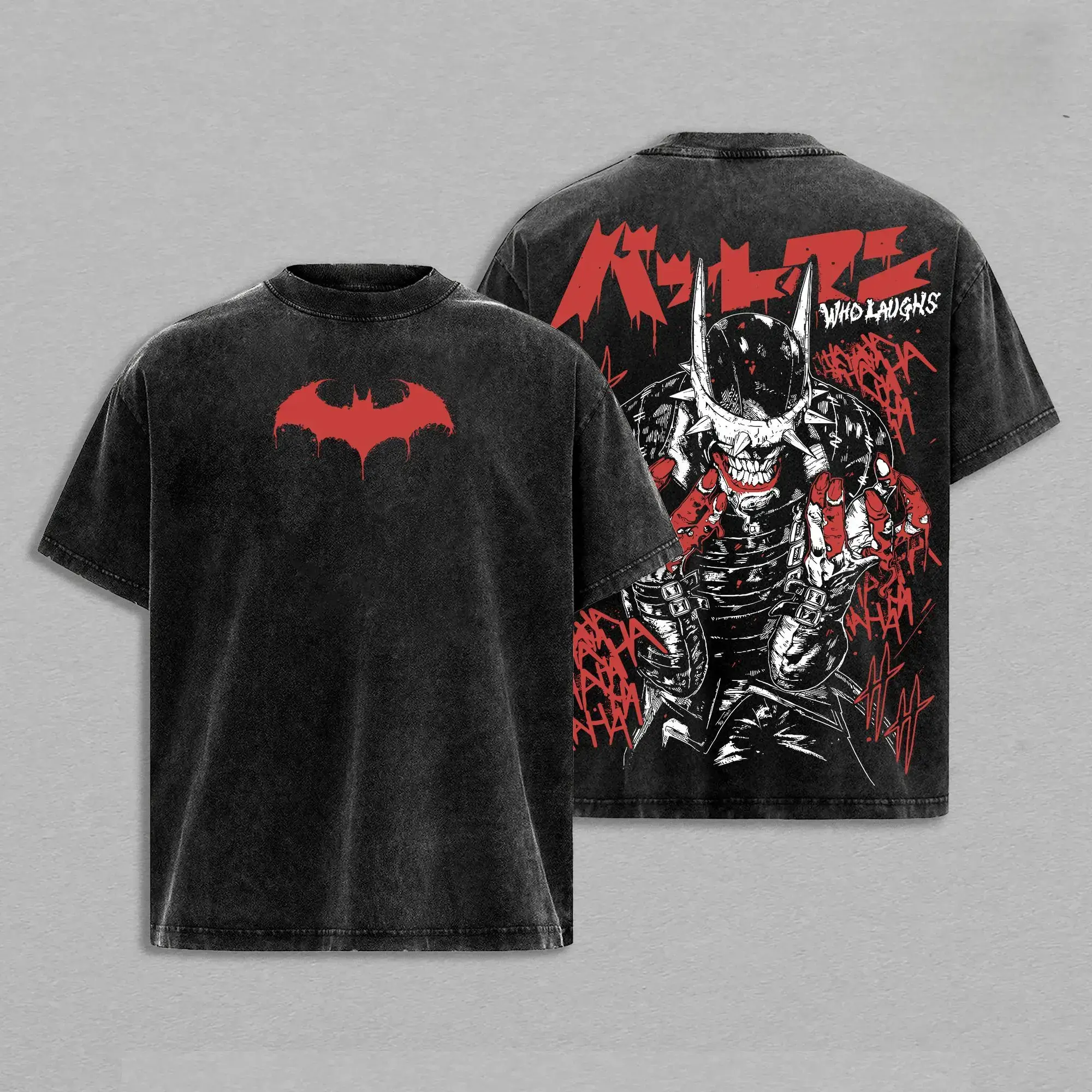 Menswear Unisex Retro Washed Cotton Streetwear T-shirt, Short Sleeve Round Neck Top with Dual-Sided Dark Hero Graphic, Casual