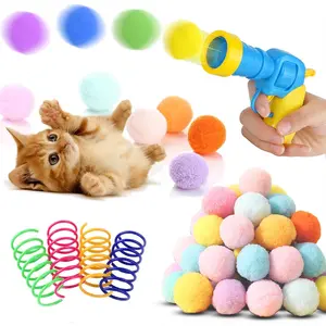 Low Noise Interactive  Ball Launcher , 1 Noise-Reduced Launcher ( Upgraded), 20 count Colorful Silent Plush Pom Pom Balls (1.2 inches), with 4 count  Spring
