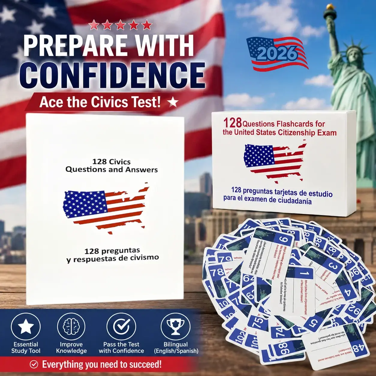 2026 US Citizenship Bilingual Instruction Cards, 128 USCIS Questions & Answers Study Guide (Spanish & English) for American Citizenship Preparation summerwins,summerwins