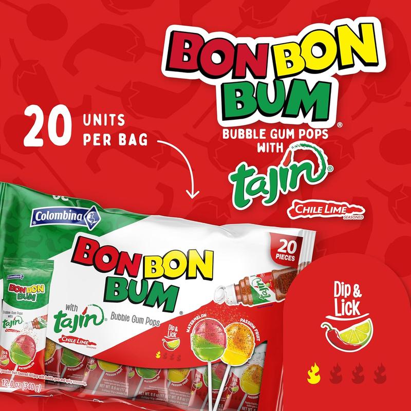 Colombina Bon Bon Bum Tropical Passion Fruit & Watermelon with Tajin Seasoning Chile Lime Dip, 20 Count (Pack of 1)
