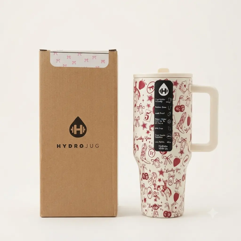 HydroJug Insulated Stainless Steel Water Bottle – 40oz Icon Print Aesthetic Leak-Proof Travel Tumbler with Handle & Straw