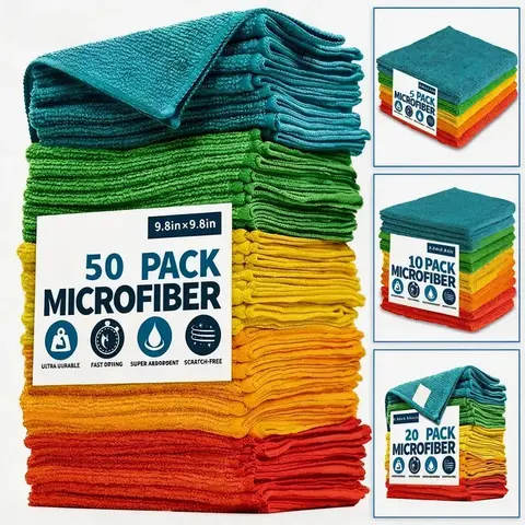 Quick-Dry Microfiber Cleaning Cloths, 5/10/20/50 Pcs, 9.84x9.84in, Scratch-Free, Absorbent, Multipurpose, Reusable & Washable for Kitchen & Bathroom