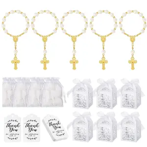 100 Pieces Baptism Rosary Sets Includes 25 Mini Baptism Rosary with Angel, 25 Favor Boxes, 25 Organza Bags and 25 Thank Kraft Tags for Wedding Birthday Party Decor