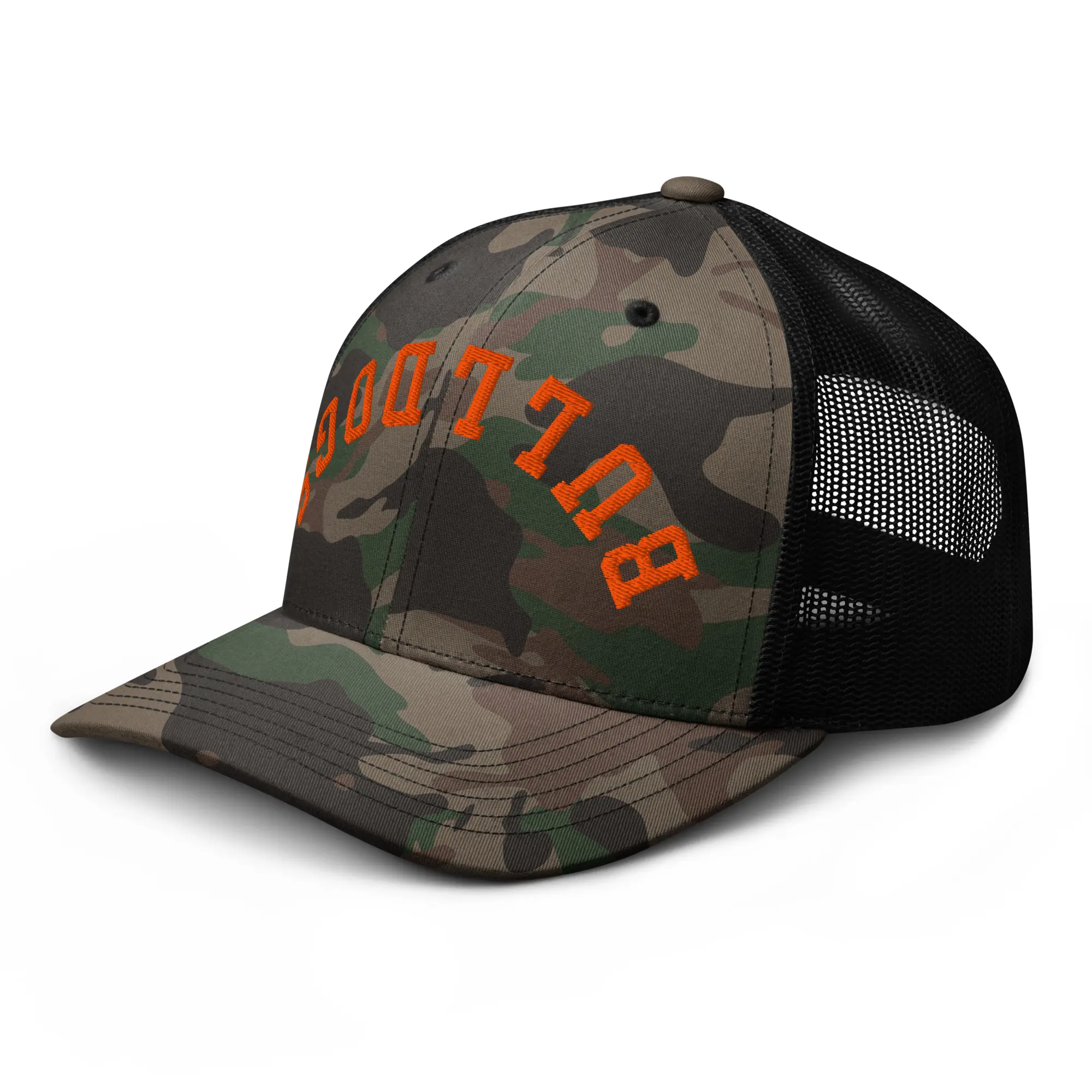 RIVEMUG NX Upside Down Bulldogs Camo Trucker Hat Embroidered Curved Bill Low Crown Adjustable Cap for Men and Women