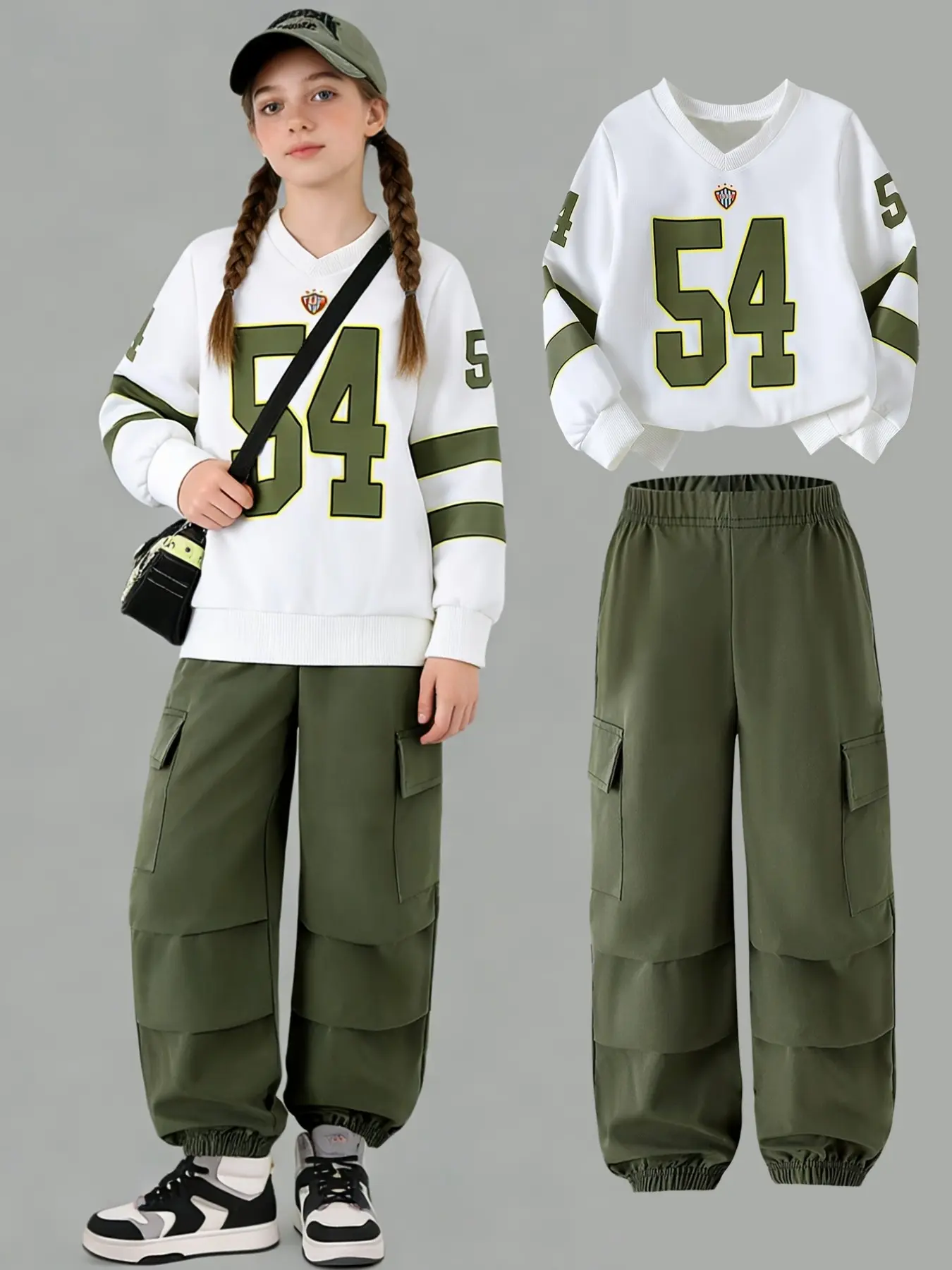 Teen Girl Clothes Set, Matching Set Outfit, Spring New 2-Piece Casual Everyday Print Long Sleeve Sweatshirt and Cargo Pants, Suitable for All Seasons, Ages 3+, Fitted Clothing Set