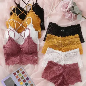 Floral Lace Criss Cross Lingerie Set for Women - 4 Pack Bra & Short Panties in 4 Colors - Comfort, Womenswear Pieces Basic